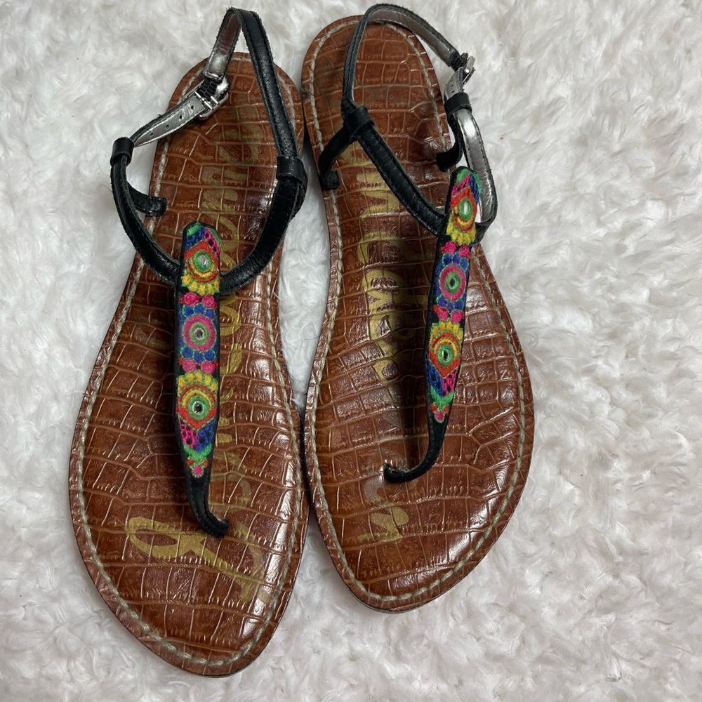 Sam Edelman Gigi leather multi color embroidery black T Strap thong sandals SZ9M